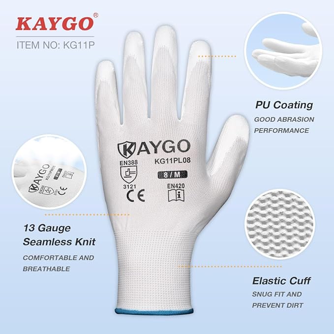 KAYGO Work Gloves for Men and Women, 60 Pairs Seamless Knit PU Coated Safety Gloves, with Smooth Grip on Palm and Fingers, Ideal for Light Warehouse, Manufacturing, Gardening, KG11P (M, White)