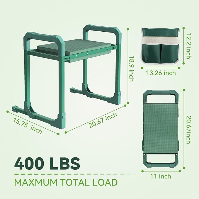Garden Kneeler and Seat with Anti-Tipping Design, 2-in-1 Heavy Duty Foldable Gardening Stool, Thick Soft Kneeling Pad, 2 Tool Pouches, 400 lbs - Perfect Gardening Gift for Women, Men, Seniors (Green)