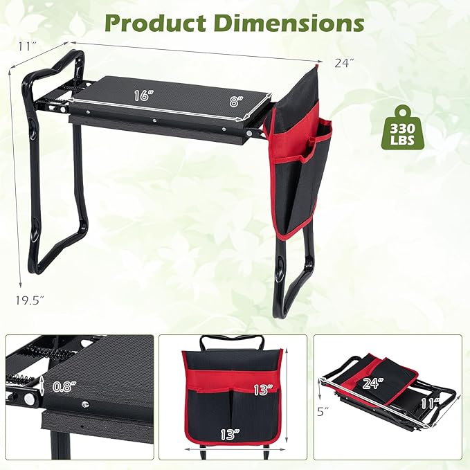 2-in-1 Garden Kneeler and Seat, Folding Garden Seat w/EVA Foam Kneeling Pad & Removable Tools Pouch, Sturdy Steel Frame, No Assembly, Portable Heavy Duty Garden Stool for Women Men Seniors