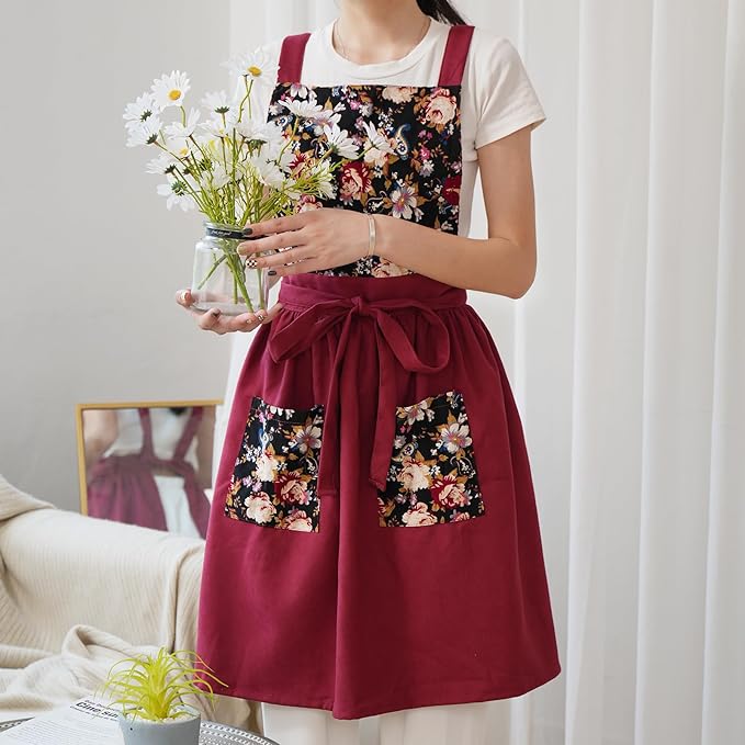 Vintage Pinafore Apron Dress for Women with Pockets Cute Floral Chef Aprons for Kitchen Cooking Baking Gardening