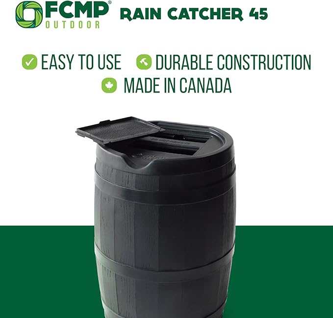 FCMP Outdoor 45 Gallon Heavy Duty Rain Water Catcher Barrel Container with Hose and Debris Screen for Outdoor Plants, Garden, and Landscapes (RC45-GRY) Grey