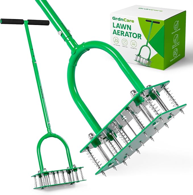 GrdnCare Aerator Lawn Tool with 15 Iron Spikes, 6-Spring Self-Cleaning Heavy-Duty Lawn Aerator Tool -Automatic Reset & Dirt/Leaf Clean System for Soil Loosening & Dethatching in Yard, Patio & Garden