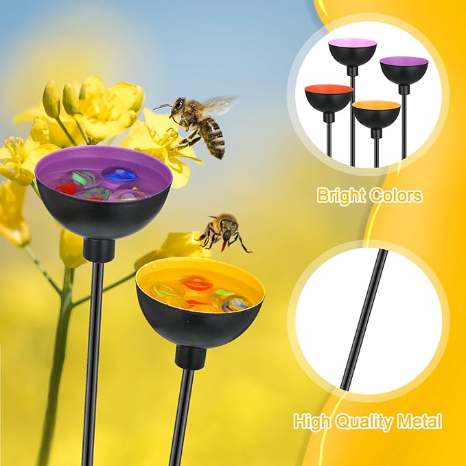 4 Pcs Bee Watering Station Butterfly Water Catcher Cups Small Insects Bee Feeders for Outside Feeding and Watering Metal Garden Stakes Garden Sculpture Decor