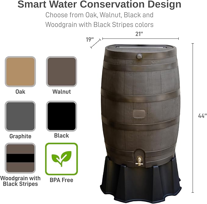 RTS Home Accents 50-Gallon Rain Barrel, Flat Back Rain Water Collection Barrel, Stand Included, Walnut Color
