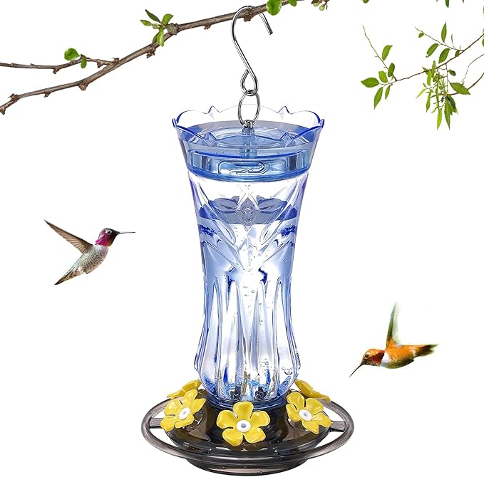 Hummingbird Feeder for Outdoors Hanging, 18 OZ Humming Birds Feeders with 6 Bee Guard Feeding Ports & Built-in Ant Moat, Easy to Clean, Durable Outdoor Garden Decor, Blue