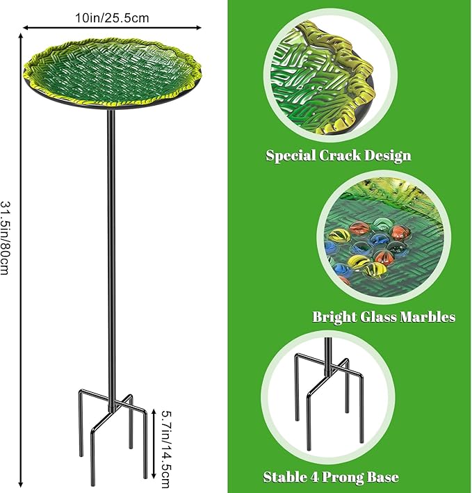 Bee Butterflies Watering Station, Standing Bee Feeder with Glass Marbles for Outside, Bee Bath Feeder with Metal Stakes Butterfly Puddler Garden Yard Déco (Green)