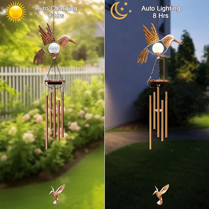 Solar Hummingbird Wind Chimes for outside: Melodious Mother's Day Birthday Gifts for Mom Women Grandma Her - Weatherproof Metal Outdoor Decor Easy Hanging for Garden Patio Tree Window Memorial