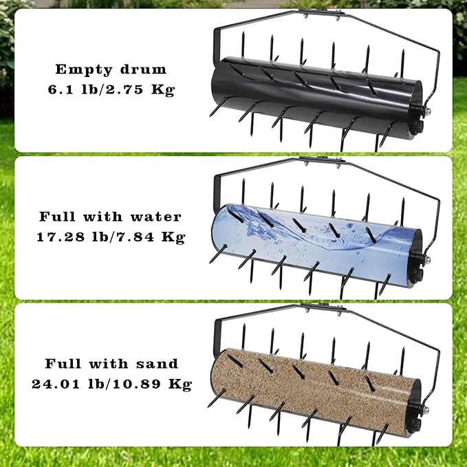 18 Inch Heavy Duty Rolling Lawn Aerator, Adjustable Weight Manual Roller Lawn Aerator Tool with Pre-Welded Spike, Hand Roller Soil Aerator for Garden Yard Lawn Grass Care with 49 Inch Steel Handle