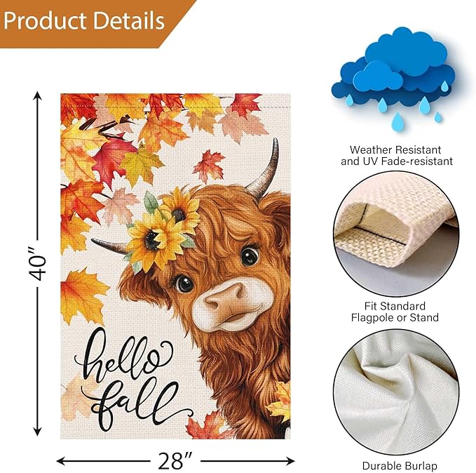 Louise Maelys Hello Fall Garden Flag Floral Highland Cow Welcome 28x40 Inch Double Sided Seasonal Autumn Maple Sunflower Large Burlap Thaksgiving Holiday Yard Sign Outside Outdoor House Decor