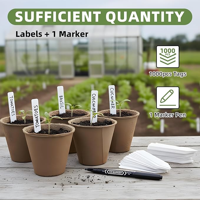 1000Pcs Plant Labels with Marker Pen, 4" Plant Tags for Garden Waterproof, Reusable Plastic Plant Markers Garden Labels for Seedlings, Vegetables, Flowers, Gardening Organization Kit