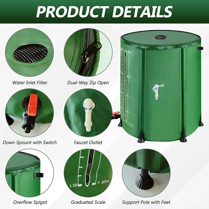 53Gallon/200L Rain Water Collection Barrel, Portable PVC Rain Barrels to Collect Rainwater from Gutter, Large Capacity Rainwater Collection System with Water Level for Garden Water Catcher, Green