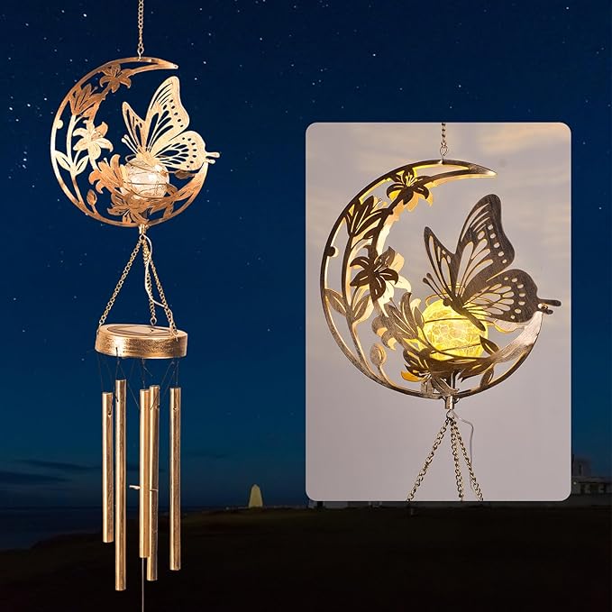 Moon Butterfly Wind Chime Outdoor, Handcrafted Metal Garden Wind Chimes with Butterfly Charms, Melodic Wind Bells for Patio Porch Decor, Weatherproof Gift for Nature Lovers & Garden Enthusiasts