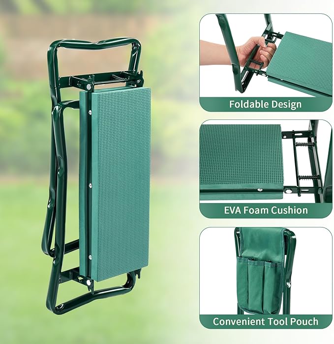 VINGLI 24in Foldable Garden Kneeler and Seat with Tool Pouch, 2-in-1 Function Portable Thicken Soft Kneeling Pad Garden Stool for Backyard, Green, Gifts for Garden Enthusiasts