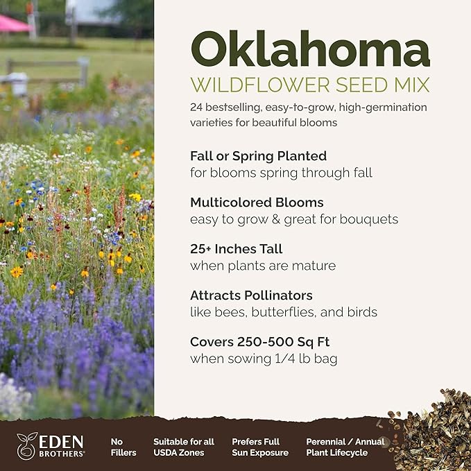 Eden Brothers Oklahoma Wildflower Mixed Seeds for Planting, 1/4 lb, 120,000+ Seeds with Lupine, WallFlower | Attracts Pollinators, Plant in Spring or Fall, Zones