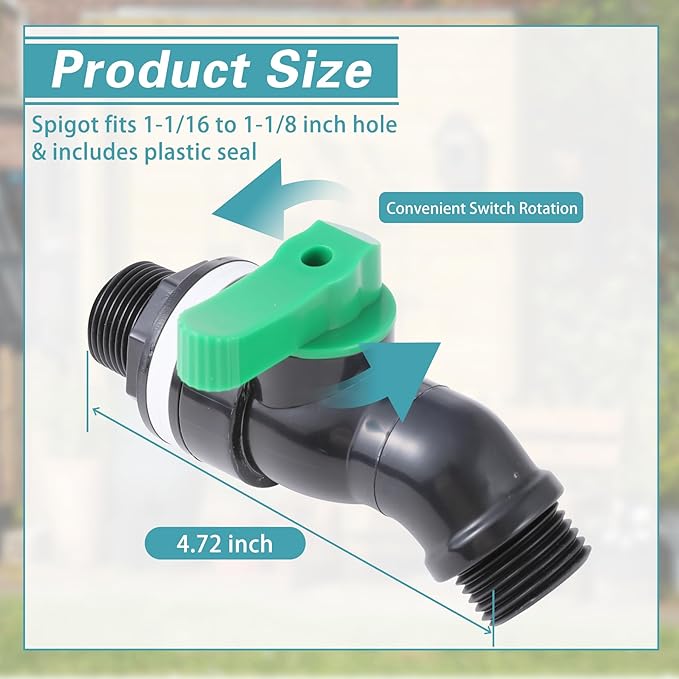 Plastic Rain Barrel Spigot, High Flow Valve Core, 3/4 NPS Inlet x 3/4 GHT Outlet Bulkhead Valve for Outdoor Plastic Bucket Rain water Drum Container Down Spout Collector in