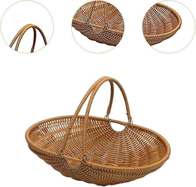 MYCENSE Wicker Picnic Storage Basket with Foldable Handle, PP Woven Empty Picnic Baskets, Sturdy Iron Wire Frame, Versatile Harvest Basket for Camping, Beach, Park, Halloween, A 33.5x24.5x8cm
