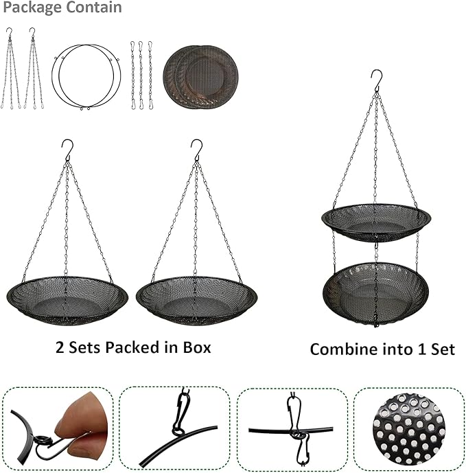 Premium Hanging Bird Feeder Tray(2 Set),Size 11.8” Large Platform Bird Feeder Metal Mesh Tray,Wild Bird Feeder for Outside Hanging Seed Platform,Combinable Style to Double Layer