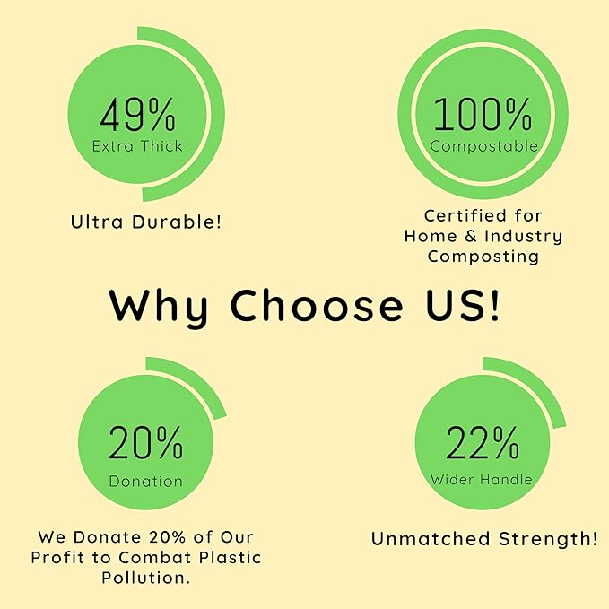 Extra Thick 1 MIL Compostable Trash Bags with Handles, 2.6 Gallon - Heavy Duty, Ultra Durable, Leak Proof, Kitchen Compost Bin Compatible, 50 Count, Handle-Tie