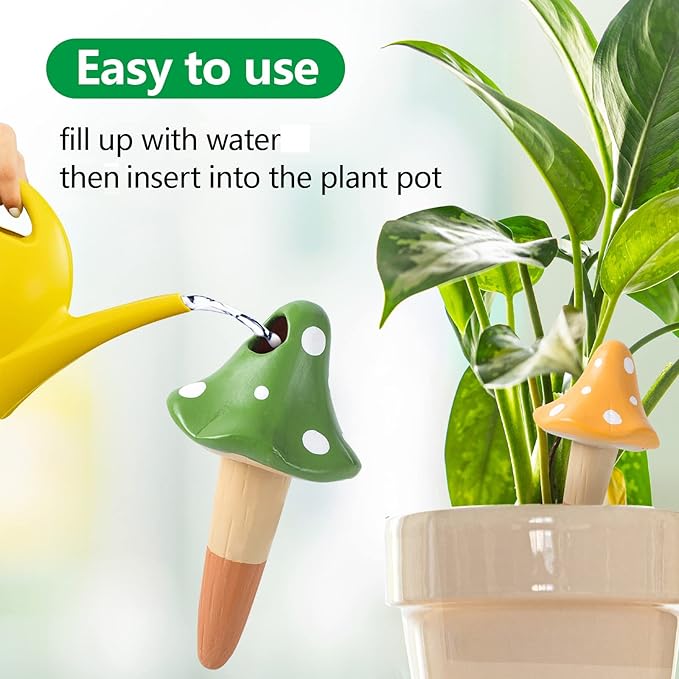 Self Watering Spikes Mushroom Shaped Plant Watering Globes Irrigation Terracotta Watering Device Garden Waterer for Indoor Outdoor Plant 4 Packs