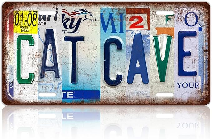 Vintage Cat Cave Metal Tin Sign License Plate Wall Decor 12 x 6 Inches