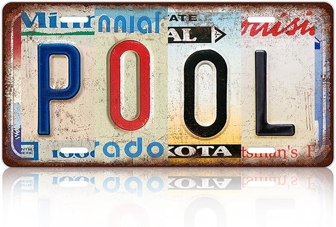 Vintage Pool Metal Tin Sign License Plate Wall Decor 12 x 6 Inches