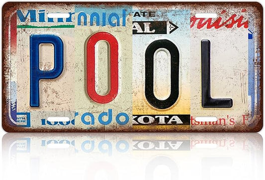 Vintage Pool Metal Tin Sign License Plate Wall Decor 12 x 6 Inches