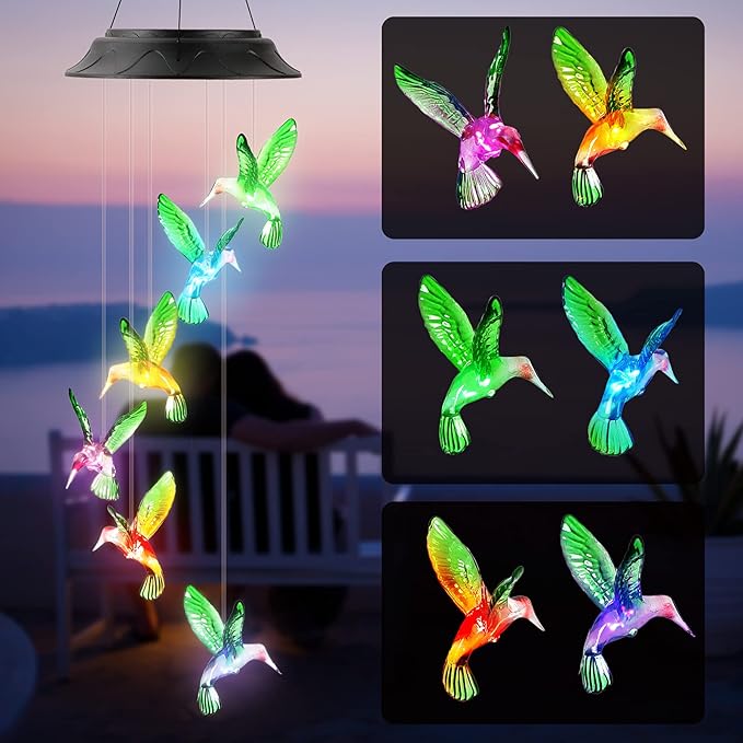 Birthday Gifts for Women Mom Grandma, Gardening Gifts for Women, Hummingbird Solar Wind Chimes for Outside, Wind Chimes Outdoor Waterproof, Solar Lights Outdoor Decorative for Garden Patio Yard