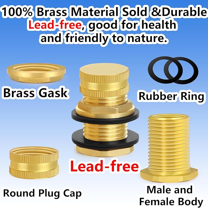 Brass Male Garden Hose Bulkhead Fitting With Plug, 1/2" Female NPT, 3/4" Male GHT (garden Hose Thread), Brass Tank Connector/drain/flush Port Kit For Rain Barrels, Aquariums, Sinks，2 Pack