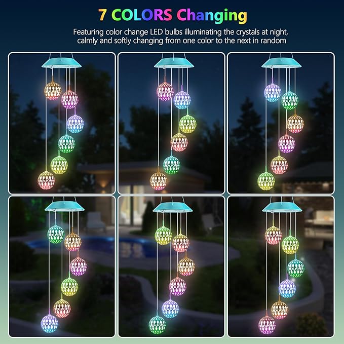 Solar Moroccan Ball Gifts for Mom Grandma Girls, Color Changing Solar Wind Chimes for Outside, Outdoor Decorative Mobile Lights for Garden, Yard, Patio, Window, Party, Easter Decor