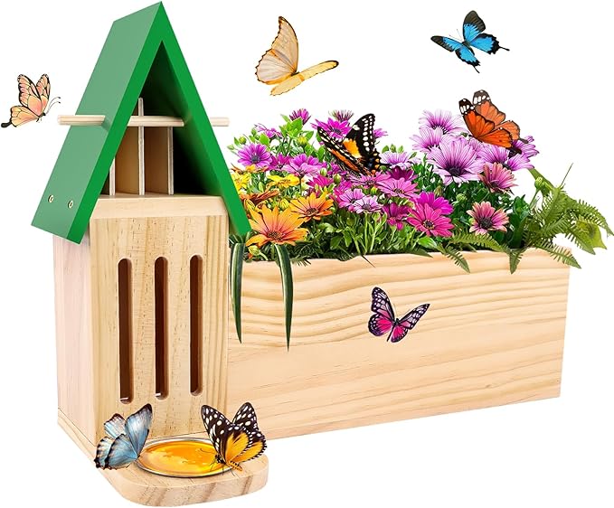 Butterfly House and Feeder with Flower Pot, Wooden Butterfly House for Garden, 3 in 1 with Drainage Holes, Natural Butterfly Habitat for Garden Decoration