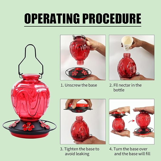 2 Pack Glass Hummingbird Feeder for Outdoors Hanging, 24Ozs Humming Bird Nectar Feeder w/Perch, 5 Flower Feeding Ports, Leak Proof Base and Hook for Outside Garden Backyard Decor, Red