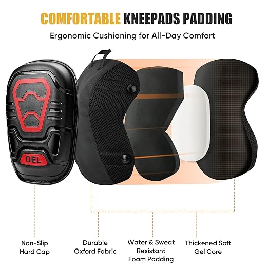 TICONN Gel Knee Pads for Work, Professional Heavy Duty Work Knee Pads for Men with Soft Foam and Gel Cushion for Men Construction, Garden, Flooring (Black/Red)