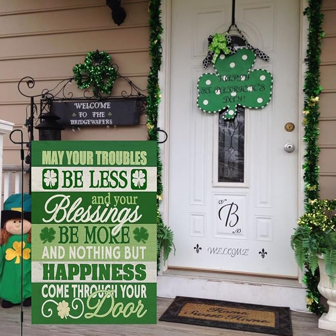CROWNED BEAUTY St Patricks Day Blessing Garden Flag 12x18 Inch Double Sided for Outside Small Burlap Green Shamrock Holiday Yard Flag
