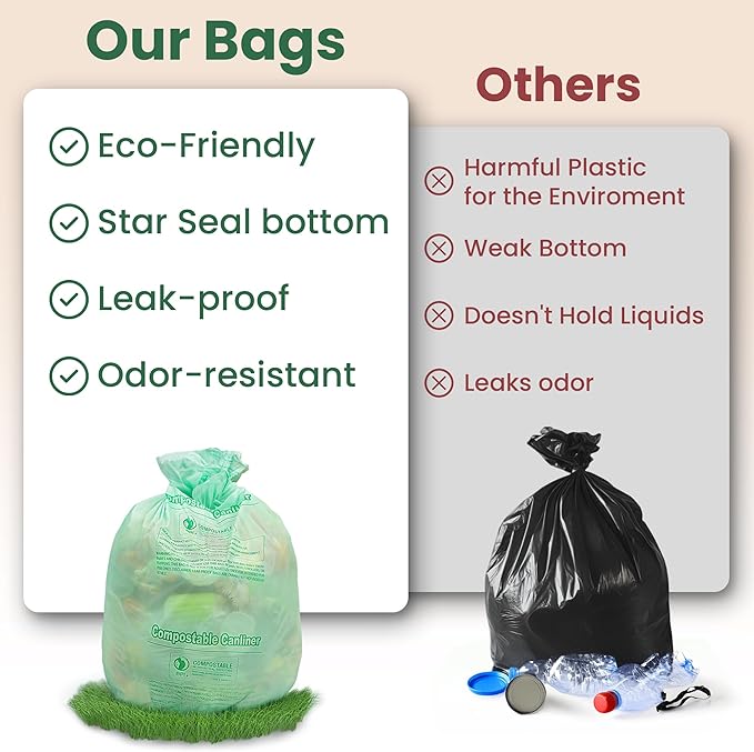 100 Compostable Trash Bags - 2.6 Gallon Garbage Bags for Kitchen Bin - Unscented, Leak Proof, Extra Strong - Disposable Food Waste Basket Liners - Certified by BPI & OK compost HOME by TÜV AUSTRIA