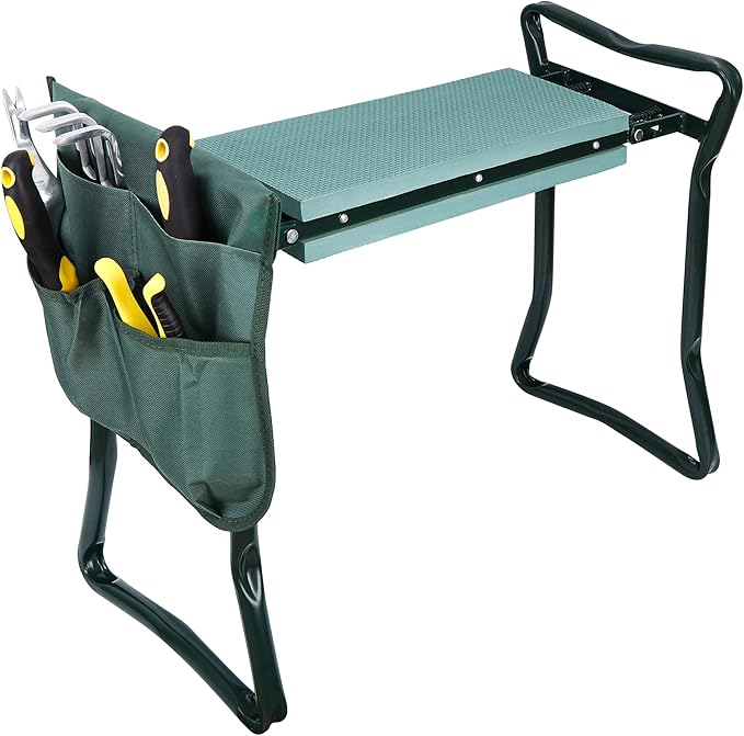 HomGarden Folding Garden Kneeler and Seat Bench 2 in 1, with Kneeling Pad & Large Tool Pouch, Ergonomic Foldable Gardener Stool for Seniors with Bad Knees, Outdoor Gardening Gifts for Women (2 Sets)