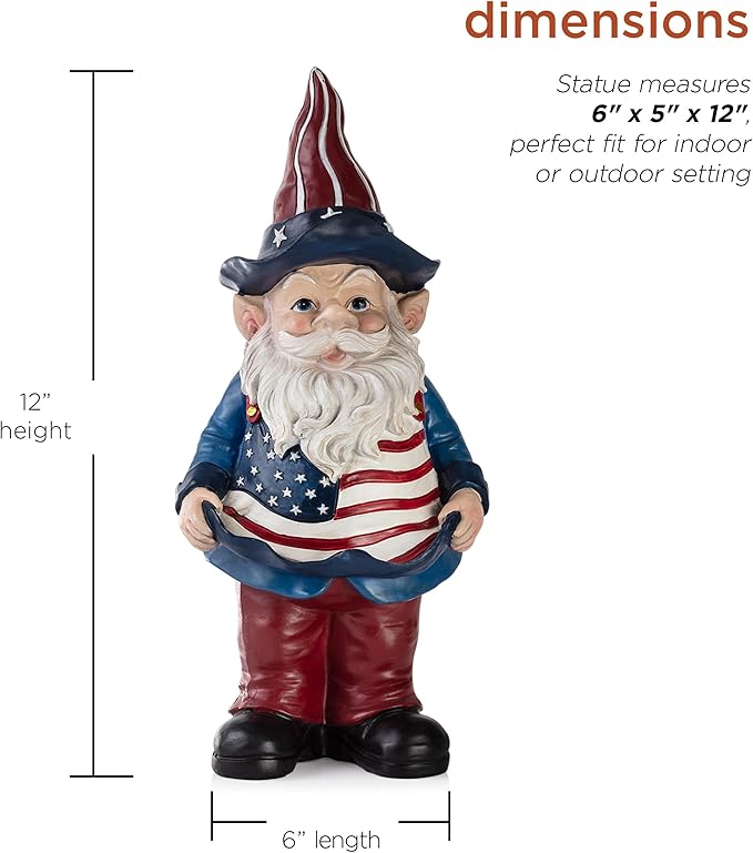 Alpine Corporation 12" Tall Outdoor Americana Garden Gnome with American Flag Bird Feeder and Yard Statue Decoration