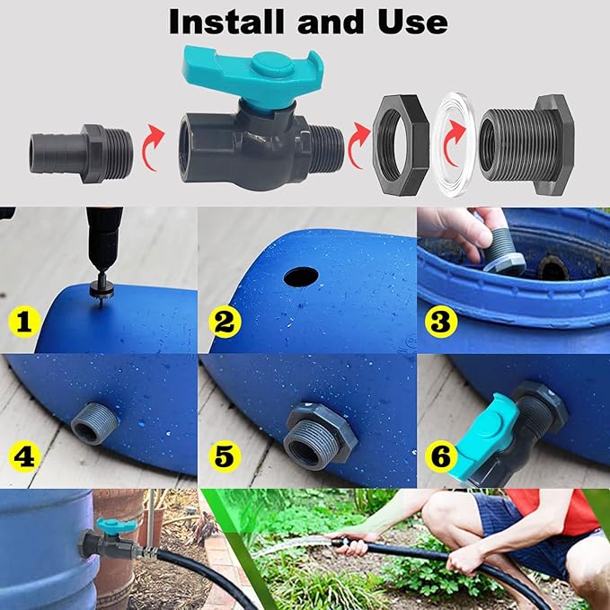 Rain Barrel Spigot PVC Faucet Kit Water Barrel Diverter Kit with Bulkhead Fitting,Ball Valve,Garden Hose Barb(20mm) Adapter,Pipe Clamps,Thread Seal Tape(kit for 20mm ID Hose)