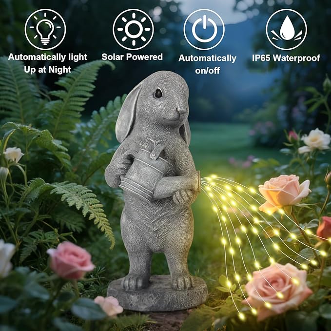 Garden Statues Dog Statue with Solar LED Light, Ideal Gifts for Friends or Family's Birthday, Outdoor Decorations for Yard (Water-Sprinking Rabbit)