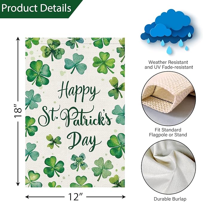 Louise Maelys Happy St Patrick's Day Garden Flag Shamrock Clover 12x18 Inch Double Sided Watercolor Small Burlap Welcome Saint Patricks Spring Holiday Yard Outdoor Sign Outside House Decor