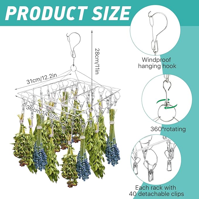 4-Pack Stainless Steel Hanging Herb Drying Rack - Space Saving Herb Dryer for Fresh Herbs, Flowers, Tea & Aromatic Herbs - Rustproof Kitchen & Garden Drying Rack with 40 Hooks