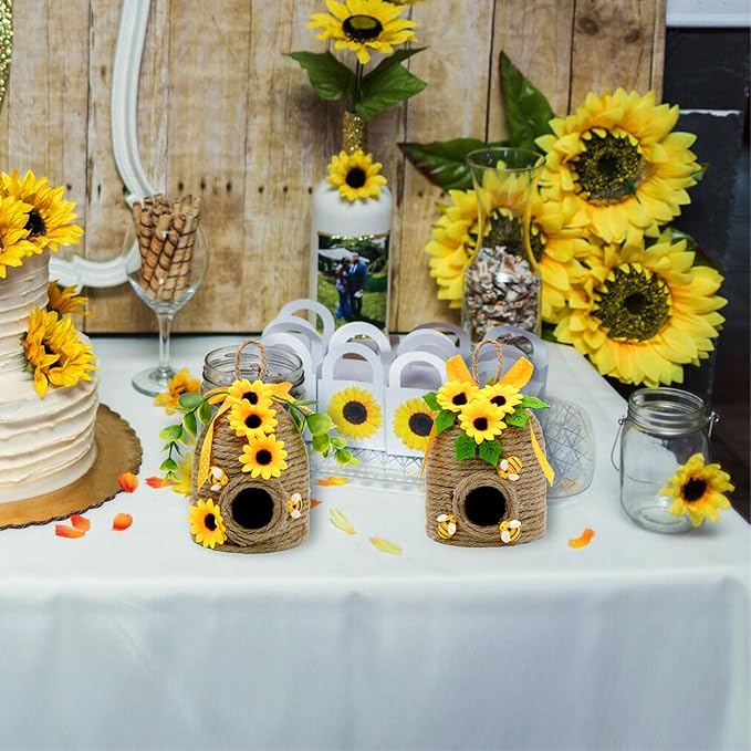 Sunflowers Bee Hive Decor, 2 Pack Farmhouse Honey Comb Bee House Decorations, Spring Summer Rustic Sunflowers Bees Themed Decorations for Home, Farmhouse Bees Kitchen Table Tiered Tray Decor