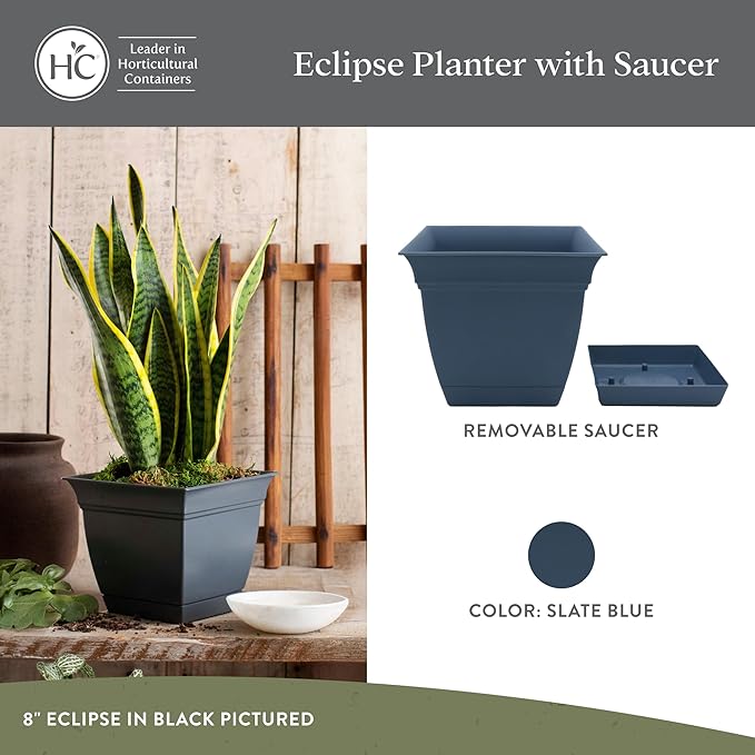 The HC Companies 12 Inch Eclipse Square Planter Pots with Drainage Holes & Attached Saucer, Lightweight UV-Resistant Plastic Indoor Outdoor Planters, 2-Pack Flower Pots, Garden Home Decor, Slate Blue