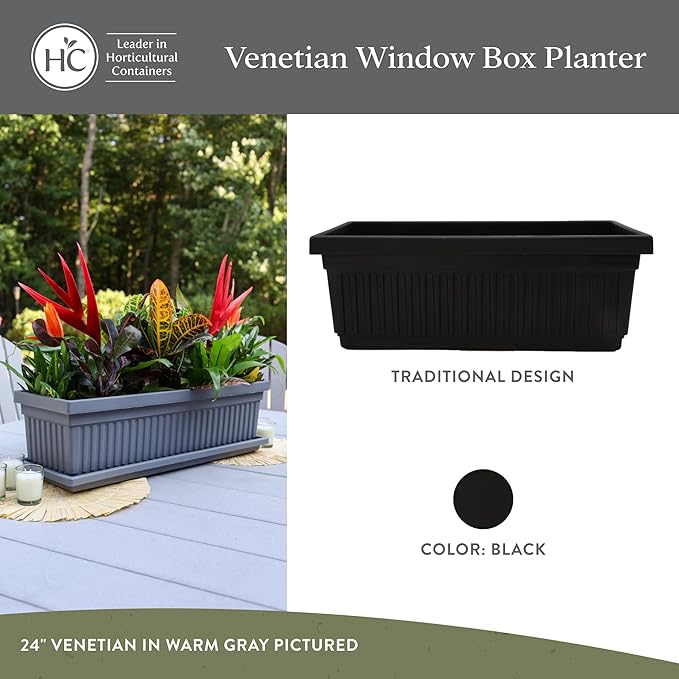 The HC Companies 30 Inch Venetian Window Planter Box with Drainage Plug, Lightweight UV-Resistant Plastic Indoor & Outdoor Planters, 2-Pack Flower Box for Garden & Home Decor, Black