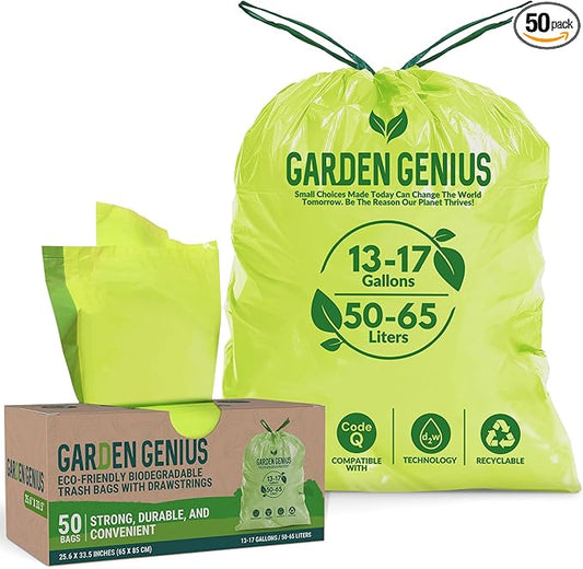 Biodegradable 13-17 Gallon Code-Q Trash Bags (50 Pack) | Strong Heavy-Duty Tall Green Kitchen Bags w/Drawstring | Fits Simplehuman & Standard Cans | Eco-Friendly D2W, 30 Micron Thick | 25.6" x 33.5"