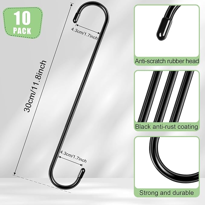Dreecy 10 Pack Extra Large S Hooks, 12 Inch Heavy Duty Long S Hooks for Hanging Plants Baskets Bird Feeder on Tree Branch, Utility S Hook for Garden Pergola Pots Plants Closet Patio, Indoor Outdoor