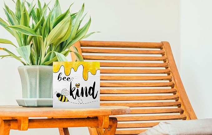 Bee Wooden Box Sign, Summer Decor for Home & Office, Rustic Tabletop Plaque, 5 x 5 Inch