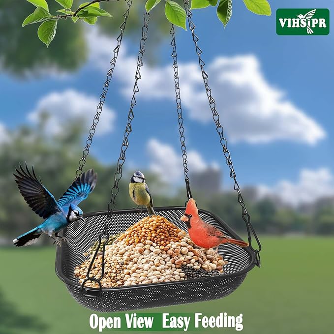 Platform Hanging Bird Feeder for Outdoors – Metal Mesh Seed Tray to Attract Wild Birds, Square 11 x 11 in, Black