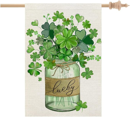 CROWNED BEAUTY St Patricks Day House Flag 28x40 Inch Double Sided for Outside Big Burlap Green Shamrocks Clovers Mason Jar Lucky Welcome Yard Holiday Flag CF727-40