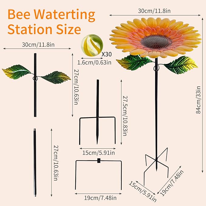 Yellow Standing Bee & Butterfly Watering Station - Outdoor Bee Feeder with Glass Marbles, Metal Stakes | Bee Bath, Butterfly Puddler for Garden Yard Decor
