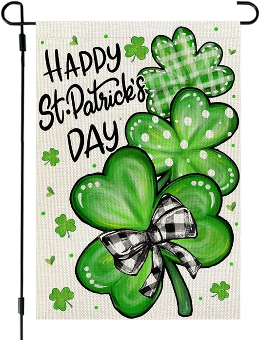 CROWNED BEAUTY St Patricks Day Garden Flag Shamrocks Clover 12x18 Inch Double Sided Green Holiday Decoration for Outdoor Lawn Yard CF1928-12